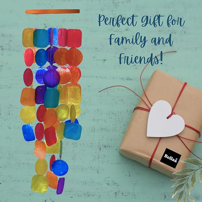 Bellaa Wind Chimes Outdoor, Garden Decorations, Musical, Indoor/Outside Windchimes, Beach, Ocean, Breeze, Gifts for Mom, Gift for All Occasions, Capiz Sea Glass Shells Wood Retro Rainbow