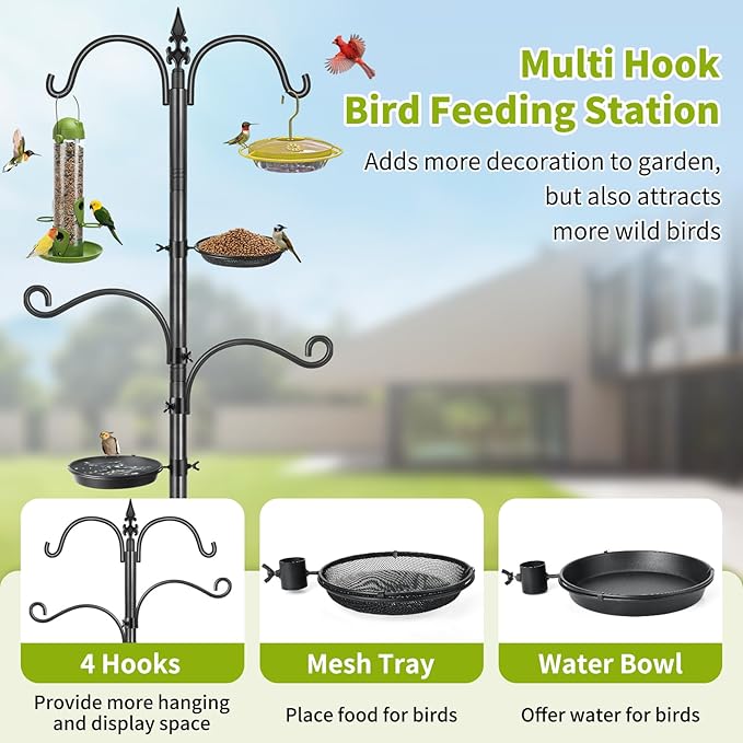Bird Feeding Station, 88In Bird Feeder Pole Stand 4 Hook Heavy Duty Hummingbird Feeder Hanger Shepherds Hook for Outdoor, with Birds Bath and Mesh Tray, Black 1 Pack