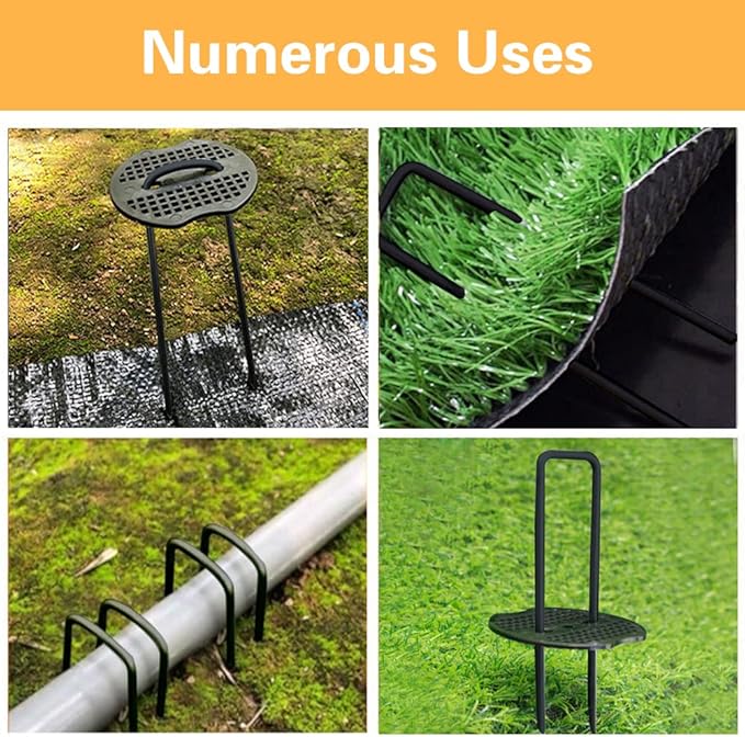 Bakulyor 50pcs Black Landscape Staples + 50pcs Buffer Washer, 6 Inch 11 Gauge Garden Stakes Staples, U Shaped Galvanized Lawn Pins Heavy Duty Yard Ground Pin for Weed Barrier Sod Fabric Decorations