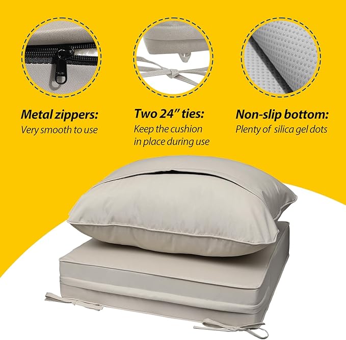 AAAAAcessories Outdoor Seat Cushions for Chairs, Fade-Resistant, Waterproof Patio Furniture Replacement Cushions, 23.5" x 25.5" x 5" + 23.5" x 19", Beige