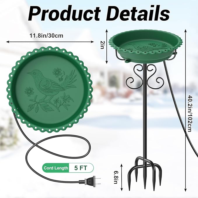 Heated Bird Baths for Outdoors,Upgraded 100W Thermostat Control Heated BirdBaths for Winter with Metal 5 Prong Base Heated Bird Bath for Outside Winter Garden Yard Patio Lawn (Green)