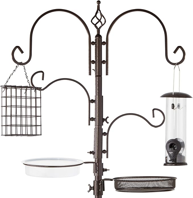 Best Choice Products 91in 4-Hook Bird Feeding Station, Steel Multi-Feeder Kit Stand for Attracting Wild Birds w/ 2 Bird Feeders, Mesh Tray, Bird Bath, 4-Prong Base - Bronze