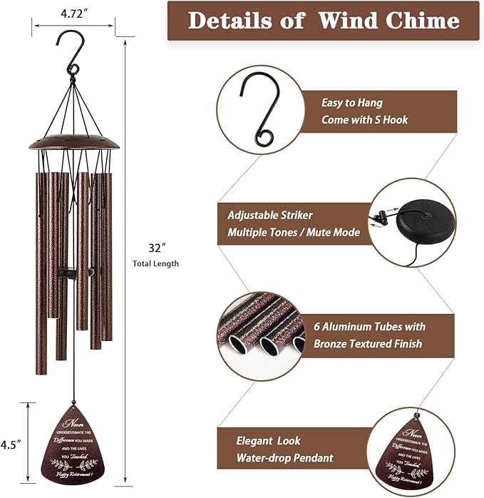 Retirement Gift for Woman Men, 32" Wind Chimes Retirement Gifts, Happy Retirement Gifts for Coworker Colleague Boss Teachers Nurses Friends, Going Away Gifts Retirement Decorations