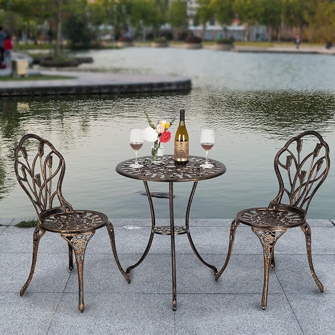 VINGLI 3 PCS Outdoor Bistro Set, Outdoor Patio Set, All-Weather Cast Aluminum Bistro Table Set, Bistro Table and Chairs Set of 2 for Backyard, Garden, Balcony (Bronze, Tulip)