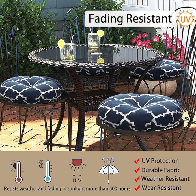Magpie Fabrics Outdoor Round Bistro Seat Cushions with Ties, 15"x15"x4" Set of 2, Tufted Waterproof Barstool Chair Pads for Patio Home Garden Office, Geomentry Navy