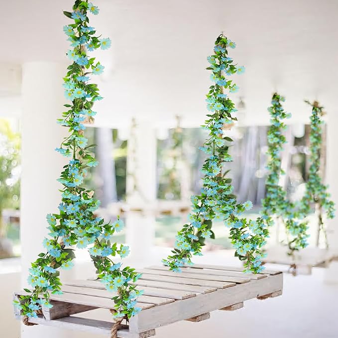 CISDUEO Artificial Daisy Flowers Vine Silk Wildflower Garland Spring Fake Flower Vine Hanging Ivy Blue Daisy Flowers Green Leaves for Wall Party Wedding Arch Floral Decor Home Indoor Outdoor Ceremony