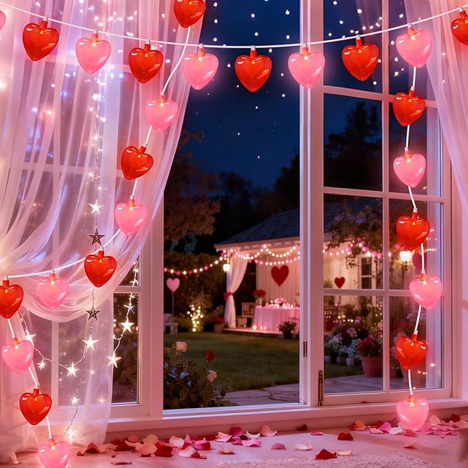 8.5Ft Valentines Day Decorations, Red & Pink Heart String Lights with 10 LED Clear Red and Pink Heart Lights, Connectable Romantic Valentine's Day Light for Wedding Valentine Anniversary Party