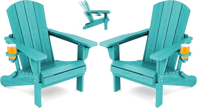 SERWALL Folding Adirondack Chair Set of 2, Adjustable Adirondack Chair with 3 Recline Positions, All Weather HDPE Outdoor Adirondack with Cup Holders, Aruba