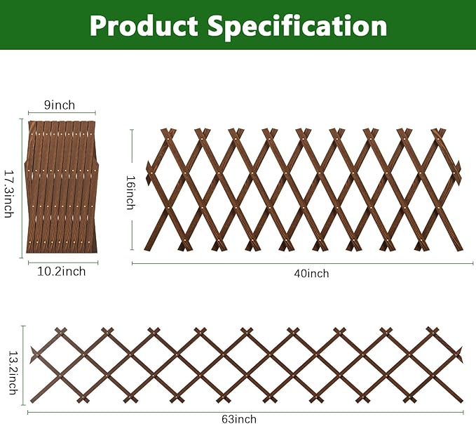 2 PCS Expandable Garden Trellis, 13.2" x 63" Trellis for Climbing Plants Outdoor, Wooden Lattice Fence Wall Panel Lattice Panels for Outside, for Climbing Plants Vine Ivy Rose Cucumbers Clematis