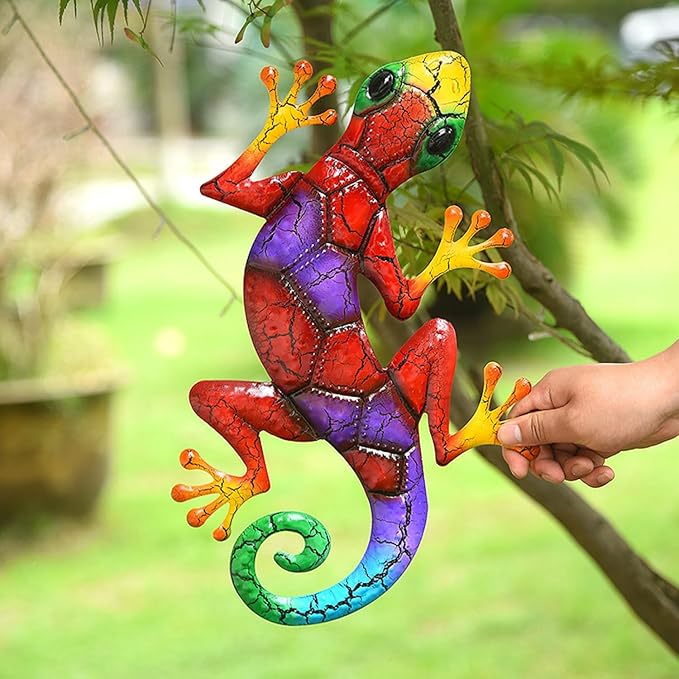 YWHWXB Metal Gecko Wall Decor,Outdoor Hanging Lizard Wall Art,Colorful Metal Lizards Wall Art Decor for Indoor/Outdoor Garden/Balcony/Yard Fence Decoration(16.9 ×10.6 × 0.5 in,Red)