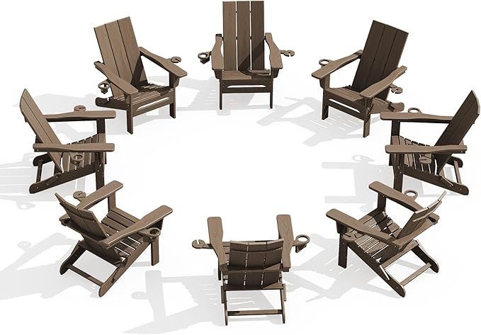 SERWALL Modern Adirondack Chair Set of 8, Folding Adirondack Chair with Cup Holders, Outdoor HDPE Adirondack Chair for All Weather Use, Brown