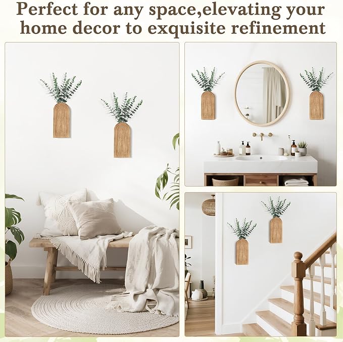 Dahey Wood Wall Planter Vase with Artificial Eucalyptus, 2 Pack Hanging Planter for Indoor Fake Plants Modern Boho Farmhouse Wall Art Decor for Bathroom Bedroom Kitchen Office Home Decoration, Natural