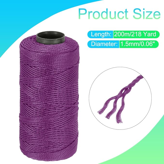 MECCANIXITY Nylon String 3 Strands Twisted Mason Line 1.5mm x 218 Yards Nylon Twine String for DIY Projects, Home Improvement, Gardening, Gift Wrapping, Christmas Party Supplies, Dark Purple