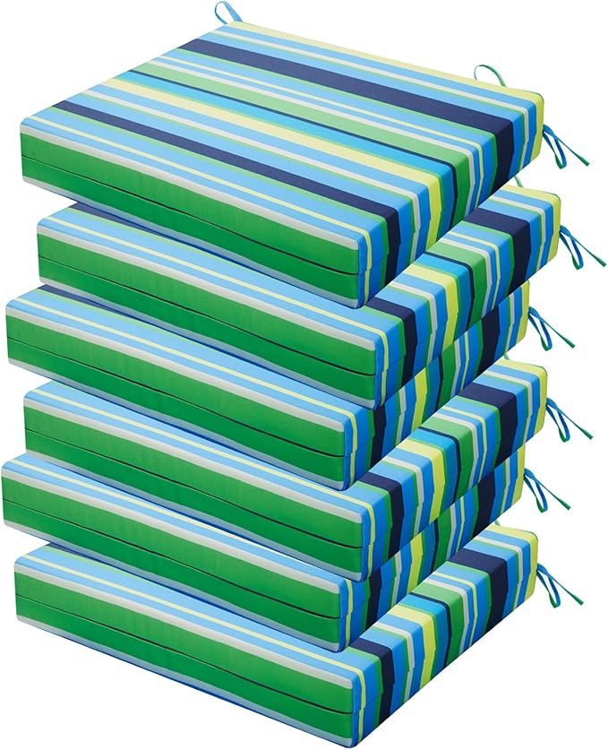 Outdoor Chair Cushions Set of 6, 18.5 x 16 Inch Patio Chair Cushions for Outdoor Furniture, Water Resistant Outdoor Patio Chair Cushions with Non-Slip Ties(Blue & Green Pinstripe)
