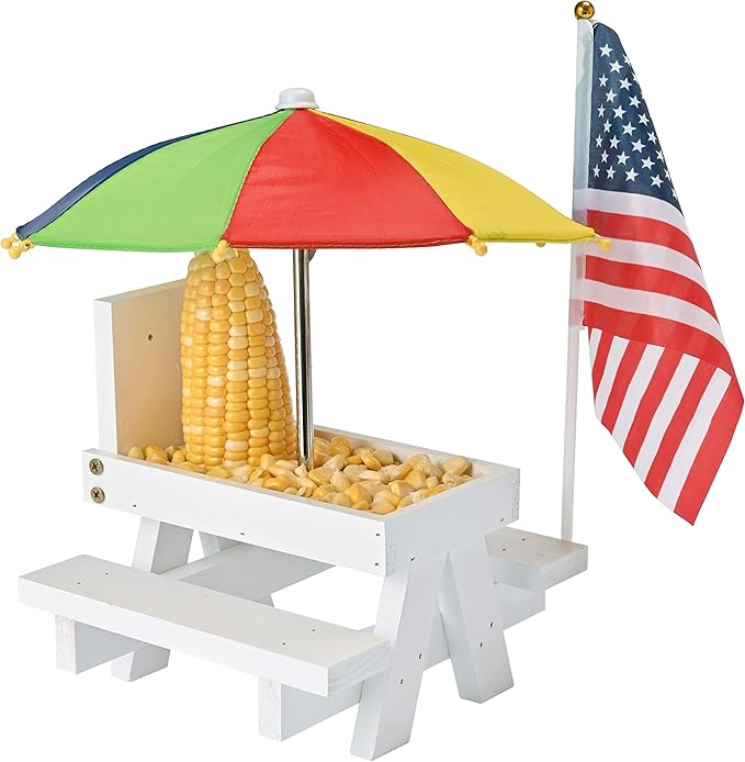 Squirrel Feeder Picnic Table with Colorful Umbrella, Wooden Squirrel Table Feeder Outside Funny with Corn Cob Holder for Yard and Porch Decoration, Easy to Fill Peanuts in Shell and Nuts