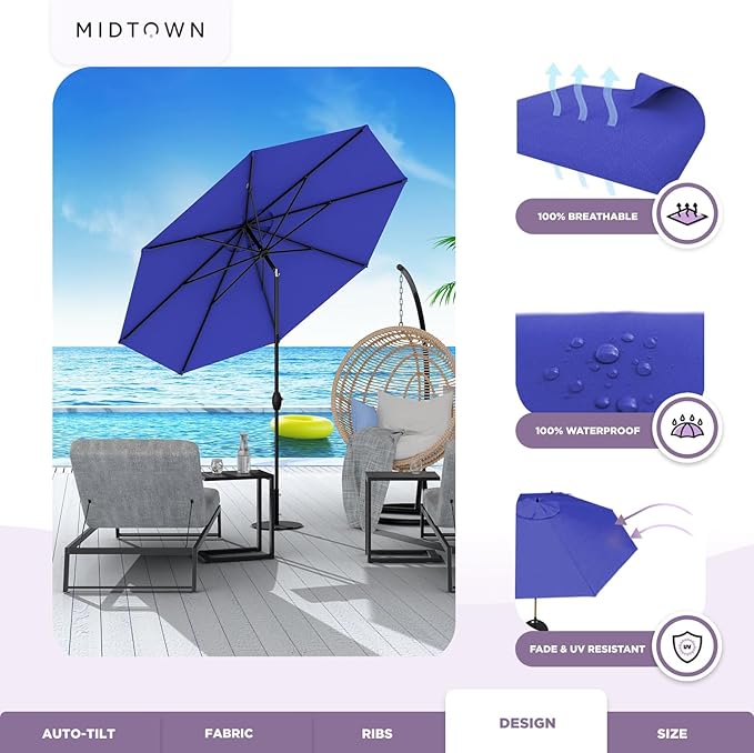 Midtown Umbrellas - 10-Year-No-Fade 6 Ft Patio Umbrella with Terylast Fabric, Auto-Tilt Aluminum Frame and 8 Reinforced Ribs for Deck, Pool, Garden & Beach - Royal Blue Canopy, Black Pole