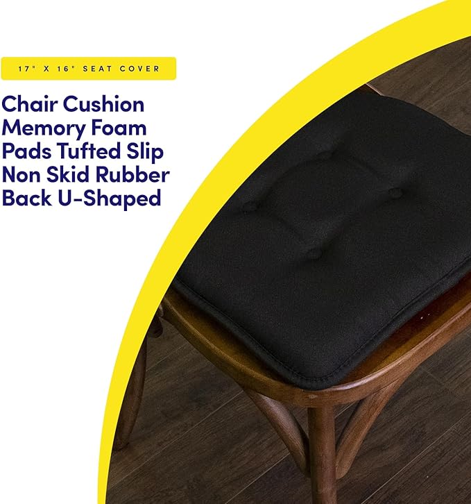 Sweet Home Collection Chair Cushion Memory Foam Pads Tufted Slip Non Skid Rubber Back U-Shaped 17" x 16" Seat Cover, 4 Count (Pack of 1), Black