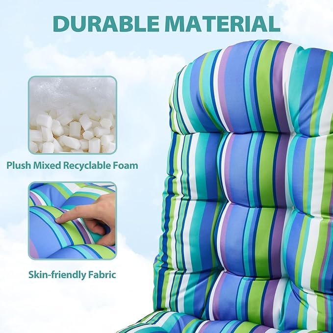 Adirondack Chair Cushion, High Back Patio Cushions with Adjustable Ties, 48.8x20.4x4.3, Waterproof Tufted Pillow, Fade Resistant Seat Rocking Chair Cushion for Indoor/Outdoor, Stripe Blue, 2