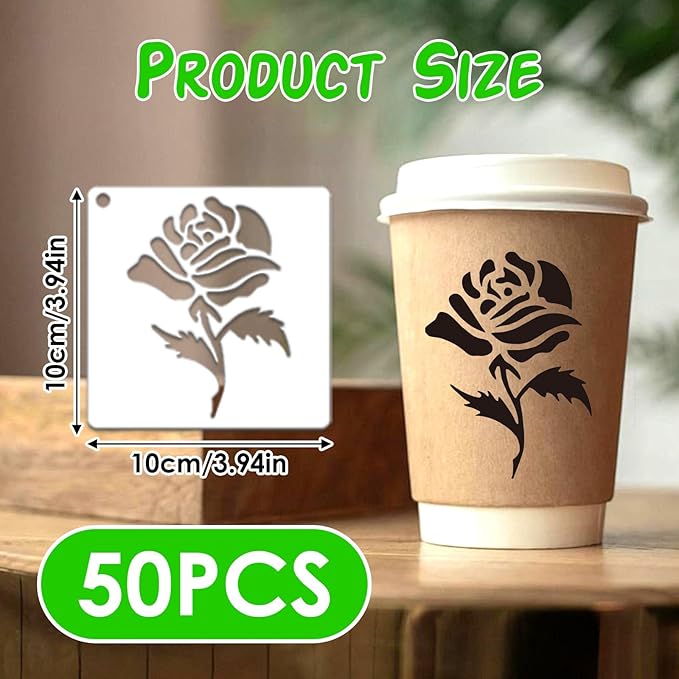50 Pcs Large Flower Stencils for Painting, 3.94 X 3.94 Inch Flower Stencils for Crafts Reusable, Wood and Wall Stencils for Painting Large Pattern, DIY Templates Holiday Wall Paper (J)