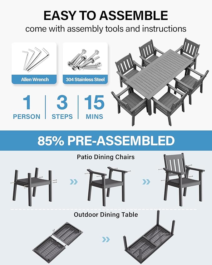 YEFU HIPS Patio Table Set: 7 Piece Outdoor Table and Chairs Dining Furniture Set with Umbrella Hole - Gray Modern Plastic Dining Sets 6 Person for Outside Deck with Metal Aluminum Frame