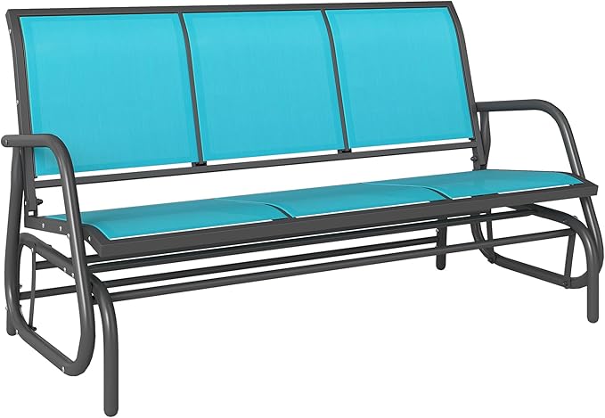 Outsunny 3-Person Patio Glider Bench, Outdoor Porch Glider Swing with 3 Seats, Breathable Mesh Fabric, Metal Frame, Blue