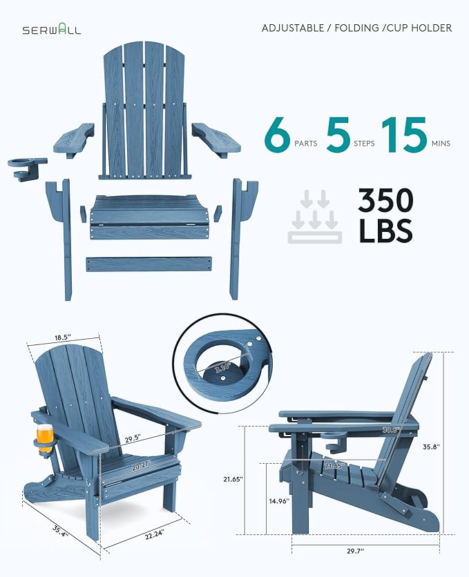 SERWALL Folding Adirondack Chair Set of 4, Adjustable Adirondack Chair with 3 Recline Positions, All Weather HDPE Outdoor Adirondack with Cup Holders, Blue