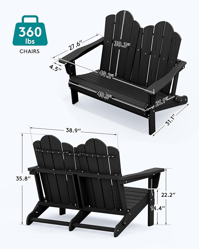 SERWALL 3 Pieces Patio Adirondack Bench Set, 2 Folding Adirondack Bench & 1 Coffee Table with Umbrella Hole Set for Front Porch Garden Balcony Backyard, Black