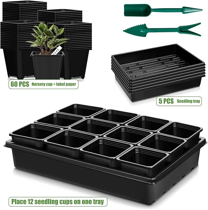 mwellewm 5 Pcs Seed Starter Tray, 3.5 Inch (9CM) 60 Pcs Nursery Pots Kit, Thickened Seed Starting Trays Square Seedling Pots for Plants Sturdy Microgreens Growing Trays Reusable Germination Tray