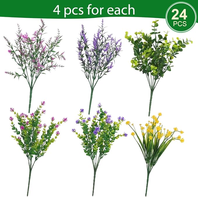 Hananona Artificial Flowers Outdoor, Faux Artificial Plants UV Resistant Plastic Flower Bulk for Hanging Planter Porch Window Home Wedding Fall Summer Decor (24, Fuchsia, Purple, Yellow, Green)