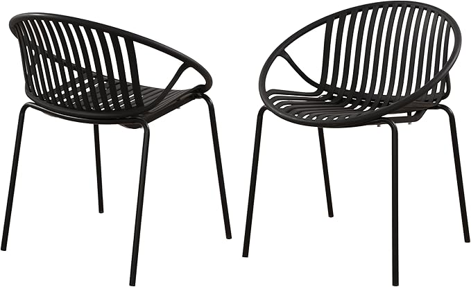 Christopher Knight Home Set of 2 Tita Modern Patio Outdoor Dining Chairs, Stacking Chair, Outside Dinner, Garden/Balcony/Poolside Stackable Accent Chairs, Metal Legs, Plastic Cutout Backrest, Black