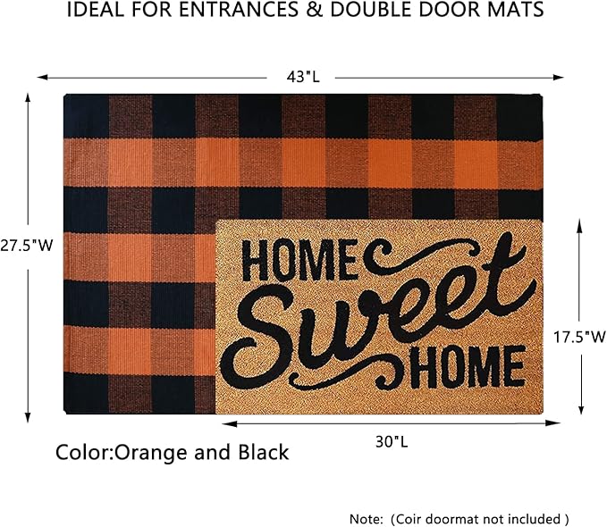 MUBIN Cotton Orange and Black Plaid Rug, 27.5 x 43 Inches Fall Outdoor Front Door Decorative Mat, Hand-Woven Rug for Layered Door Mats Washable Carpet for Porch, Entryway, Farmhouse, Autumn, Halloween