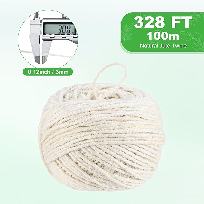 1-Pack Natural Jute Twine String, 3mm x 328ft/100m Long Garden Twine Balls for Crafts/Gift Wrapping/Gardening Plants, Durable Plant Ties Thick Rope [White]