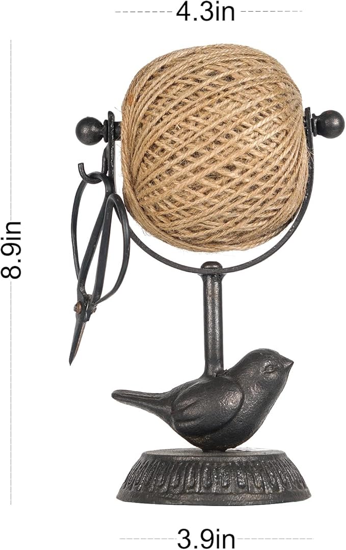 SOFFEE DESIGN Cast Iron Jute Twine Spool with Scissors Holder Set Vintage Style for Garden Farmhouse Kitchen, Natural Jute Twine String & Rope Rack & Scissors, Bird Decorative