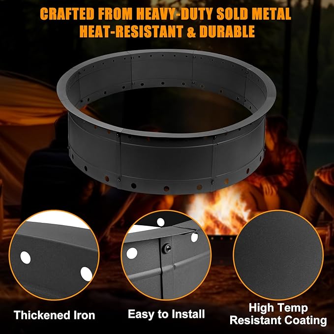 36 Inch Fire Pit Ring, Large Outdoor Campfire Pit for Patio Backyard Garden, Smokeless Steel Firepit with Air Vent for Efficient Burning & Anti-Rust Coating, Black Steel