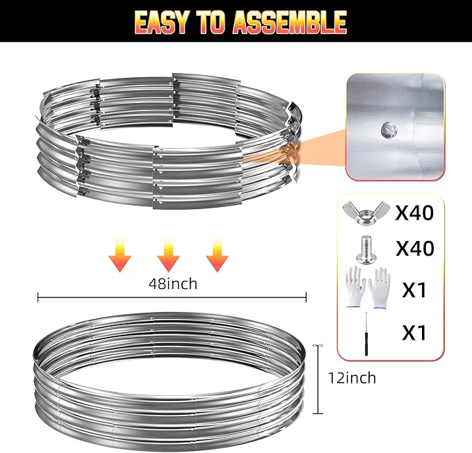 48 Inch Round Galvanized Fire Pit Ring/Fire Ring, Heavy Duty Wood Burning Fire Pits&Outdoor Fireplace,Perfect for Outdoor Gatherings and Campfires in The Yard/Garden/Park/Beach (4 FT Diameter, Silver)
