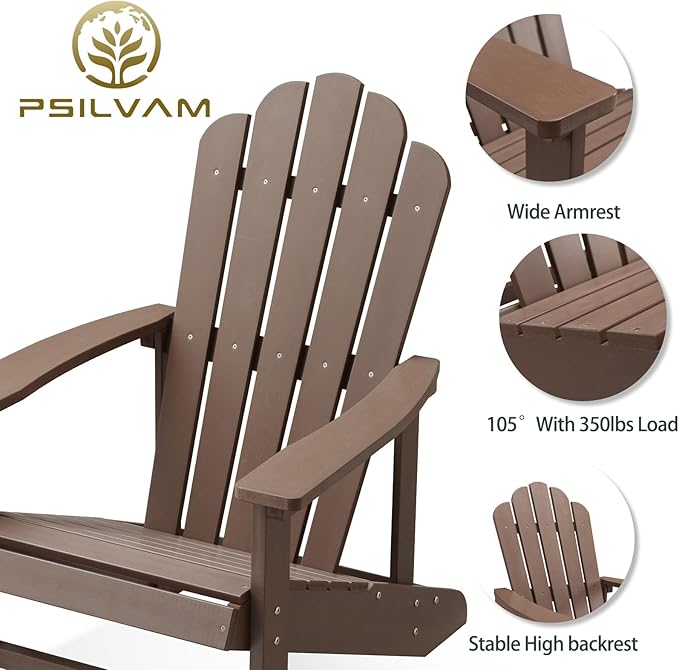 Psilvam Classic Adirondack Chair, Standard-Sized Poly Lumber Fire Pit Chair, 350Lbs Support Weather Resistant Patio Chairs for Garden, Party, Beach(Brown)