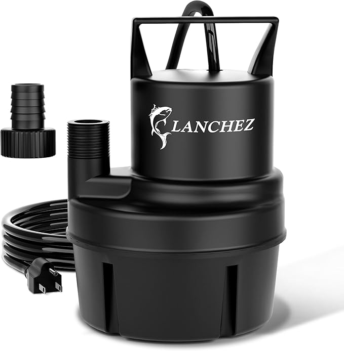 Lanchez Sump Pump, 1250 GPH Submersible Water Pump, 1/4 HP Portable Thermoplastic Low Suction Utility Pump With 25 Ft Cord for Swimming Pool, Basement, Garden Pond, Tubs Draining, Manual