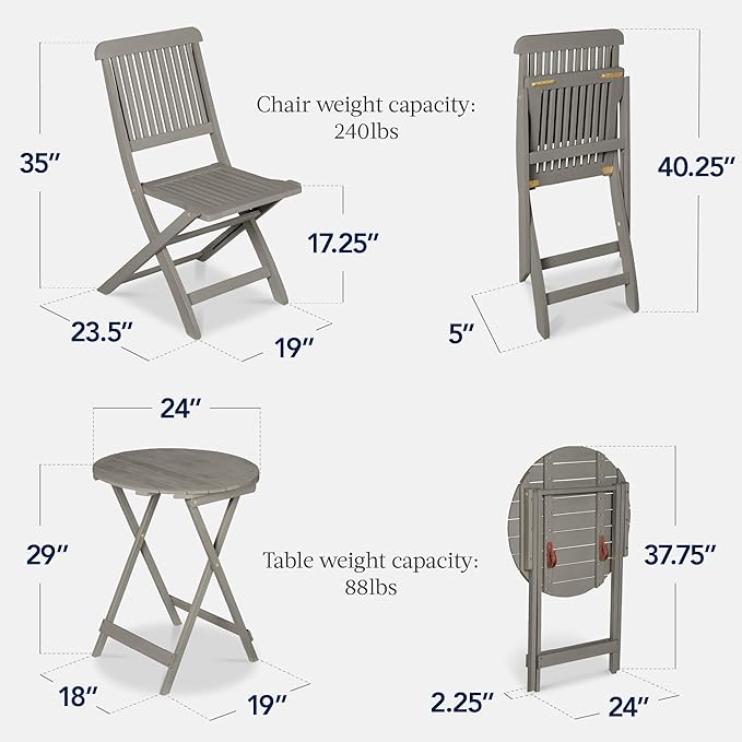 Best Choice Products 3-Piece Acacia Wood Bistro Set, Folding Patio Furniture for Backyard, Balcony, Deck w/ 2 Chairs, Round Coffee Table, Teak Finish - Gray