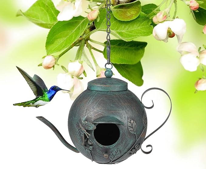 Bird Houses for Outside, Outdoor Bird House, Teapot Shaped Hanging Bird House, Antique Metal Bird House, Decorative Bird Houses, Unique Humming Bird Houses for Garden Patio Yard Lawn Backyard Decor