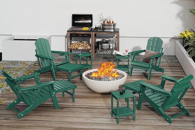 GREENVINES Adjustable Adirondack Chair with Retractable Ottoman Set of 4 | Folding | HDPE Plastic | Fire Pit Chairs w/Foot Rest | 2 Cup Holders | Forest | for Outdoor Patio Poolside Deck