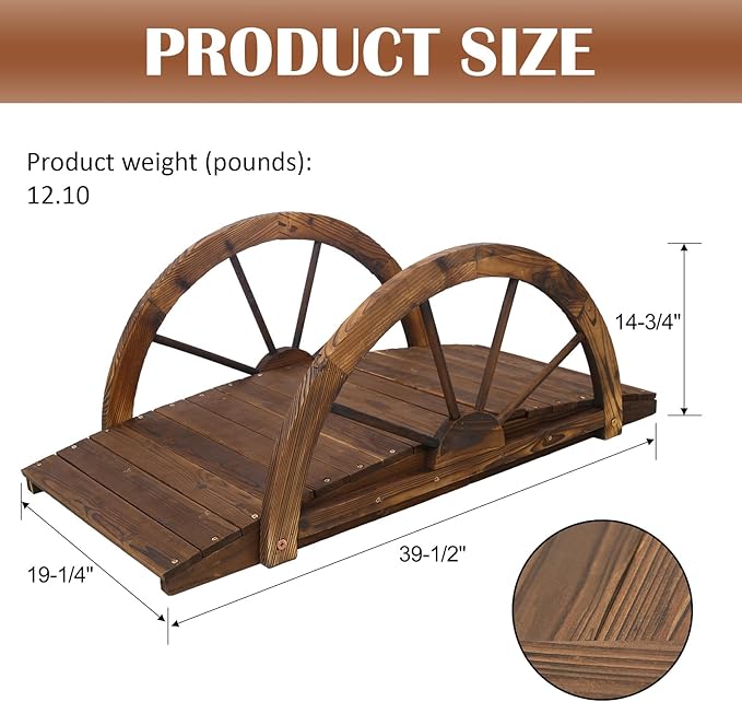 5 FT & 3.3 FT Wooden Garden Bridge, Stained Wood Arc Footbridge with Chain or Half-Wheel Railings for Backyard Pond, Creek, Farmhouse Landscape Decor, Easy Assembly (Brown-3FT)
