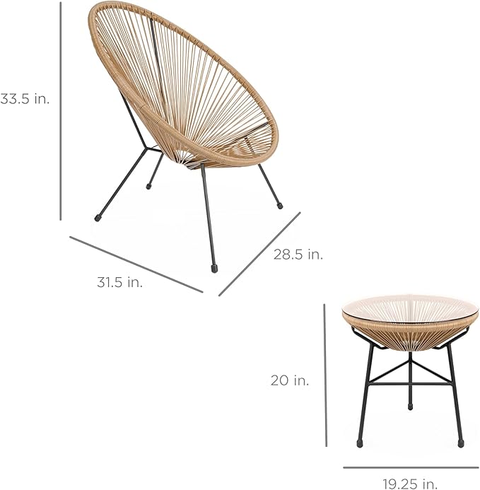 Best Choice Products 3-Piece Outdoor Acapulco All-Weather Patio Conversation Bistro Set w/Plastic Rope, Glass Top Table and 2 Chairs - Natural