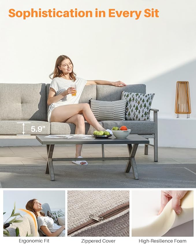 3 Seats Patio Furniture Sofa, Outdoor Aluminum Couch with 5.9'' Soft Cushion, 3-Seater All-Weather Outdoor Patio Furniture Sofa Couch for Balcony, Poolside, Lawn, White Oak