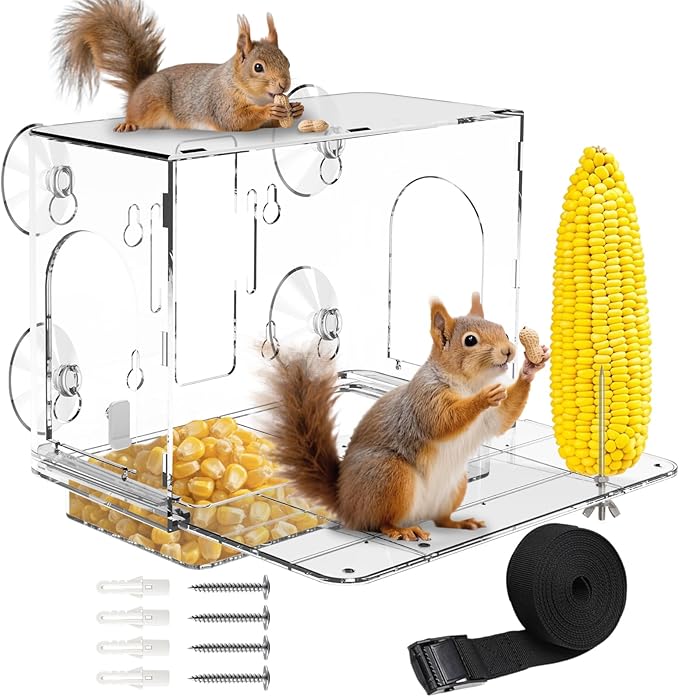 Window Squirrel Feeder for Outside – 3 Mounting Options (Screw/Strap/Suction) which Easy to Install, Weatherproof Squirrel House, No Assembly Required – Ideal Backyard Gift for Father Mother Parent