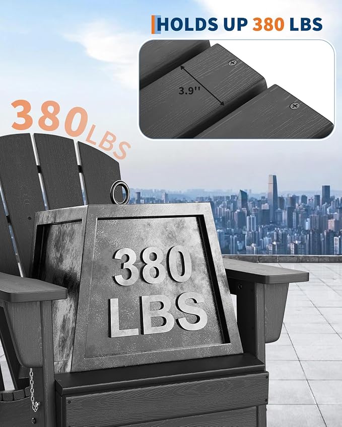 GarveeLife Folding Adirondack Chairs Set of 4 with 2 Side Table, HDPE Plastic Outdoor Chairs with Wood Texture - 380 LBS & Weather Resistant for Fire Pit, Deck, Patio, Pool, Backyard - Black