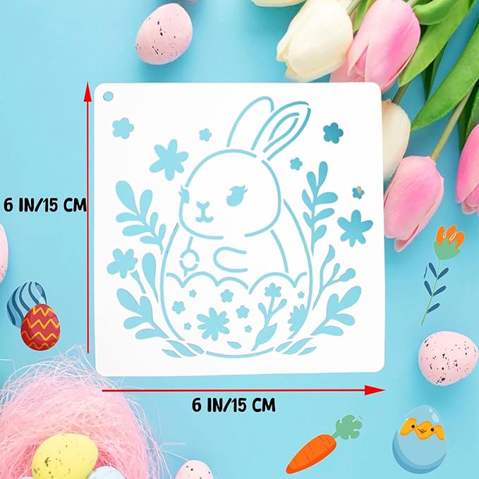 25Pcs Easter Stencils Reusable, 6x6 inch Plastic Drawing Spraying Templates for Painting on Wood, Bunny/Eggs/Farm Spring Stencil for Greeting Cards, Easter Crafts Ornament DIY Window Door Decoration