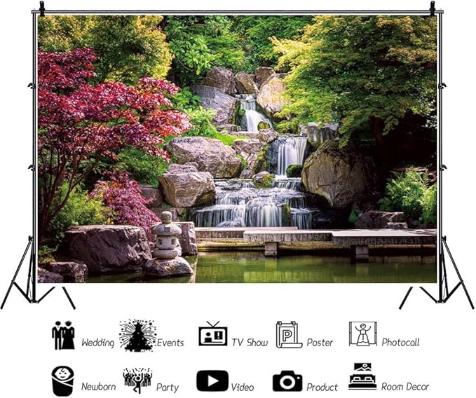 12x8ft Japan Garden Landscape Backdrop Retro Style Park View Photography Background Waterfall Maple Trees Bridge Kyoto Garden Travel Children Adult Portrait Photo Studio Props Wallpaper