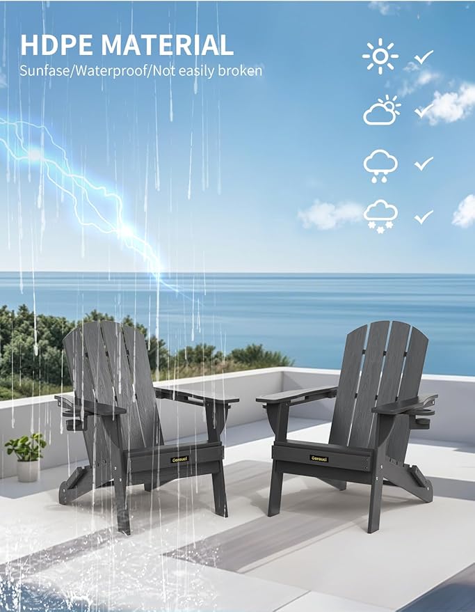 Folding Adirondack Chair, Wooden Textured Plastic Adirondack Chairs with 2 Cup Holder, Weather Resistant HDPE Fire Pit Chair, Outdoor Patio Chairs for Garden, Backyard, Lawn, Deck, 380LBS, Grey