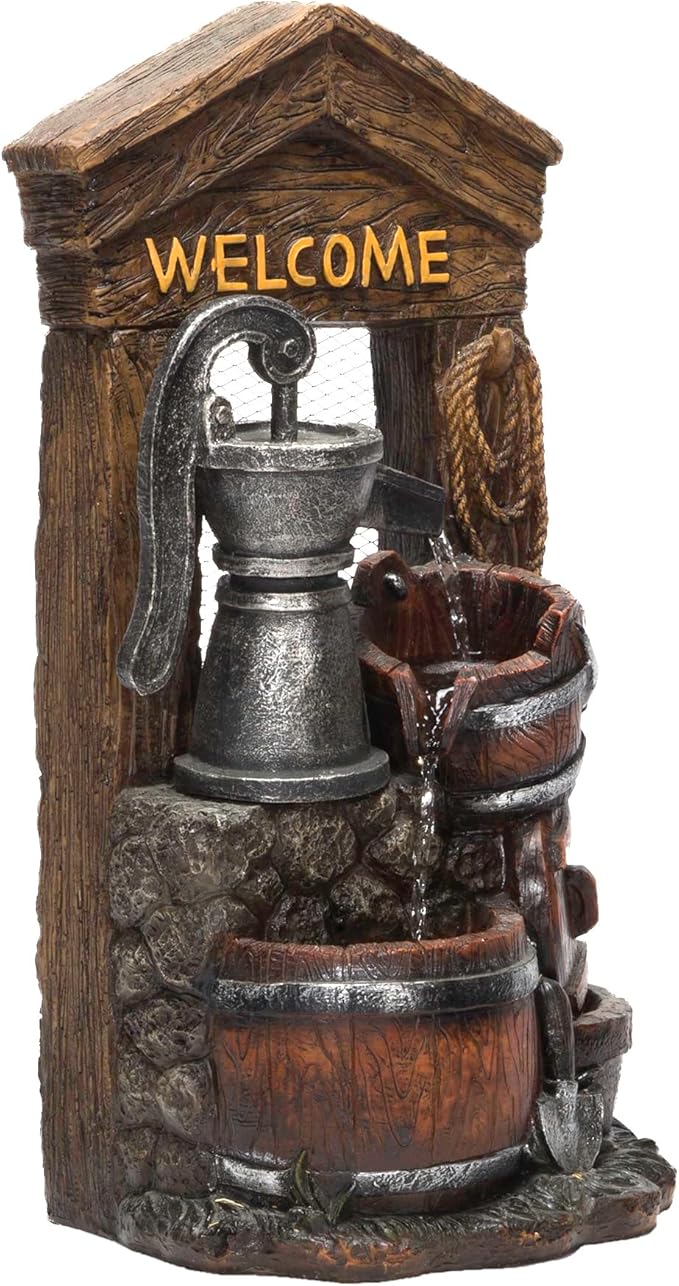 Alpine Corporation ZEN576S Outdoor Rustic Design Water Pump and Barrel Floor Fountain - Welcome Sign, 24 Inch Tall, Brown