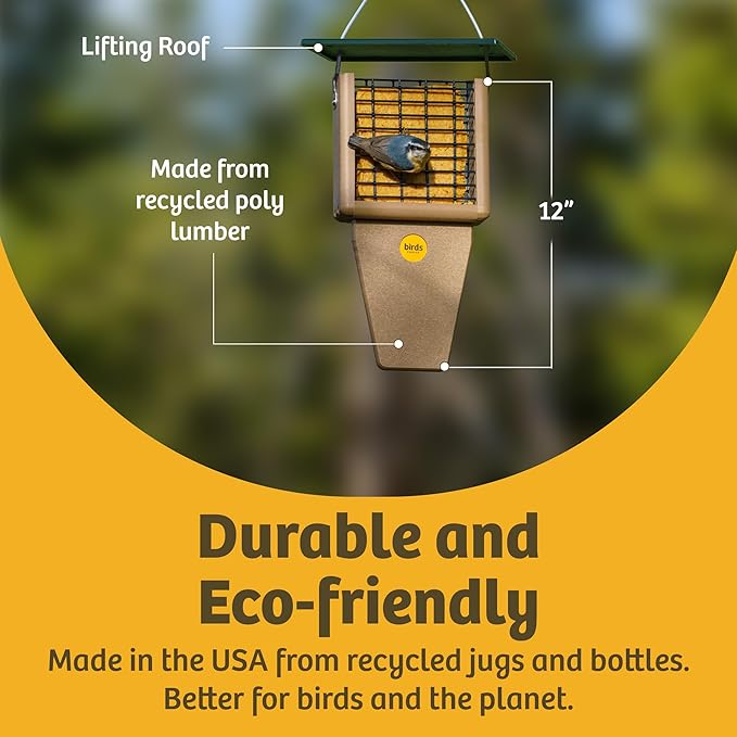 Birds Choice Suet Feeder with Tail Prop, Holds 1 Suet Cake | Hanging Suet Bird Feeder with Roof, Woodpeckers, Jays, Nuthatches | Sturdy for Garden & Backyard | Taupe & Green, 8" L x 3" W x 12" H